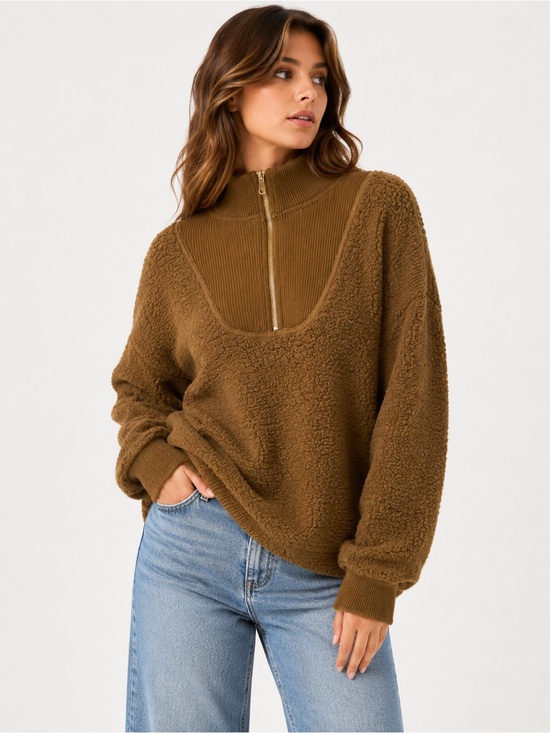 aerie Sweaters - Aerie Brown Sherpa Fleece Half Zip Pullover Sweatshirt Women’s Small S